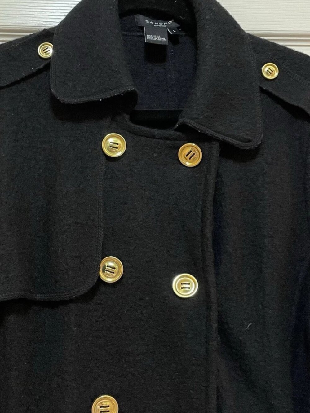 SANDRO Black 100% Wool Double Breasted Gold Button Peacoat Sz L - Picture 6 of 11